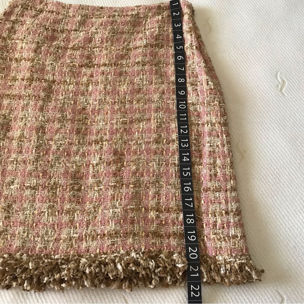JON Designer Vtg Tweed Skirt Suit Pink Tan Bouclé Fringe Jacket 8 Nostalgic Rare - Picture 12 of 16